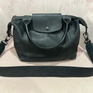 Longchamp Le Pliage Cuir Black Leather Black Bag